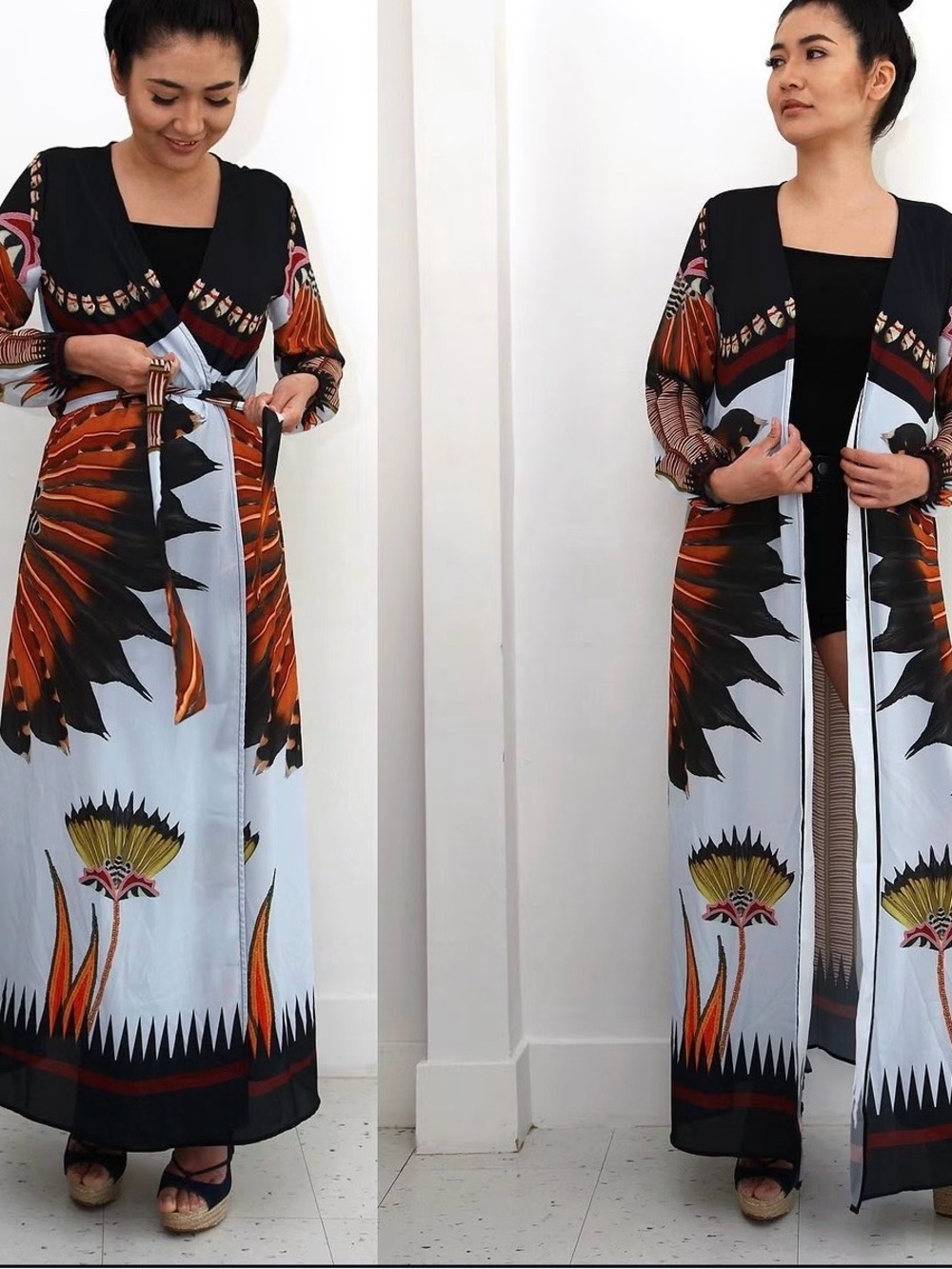Long Floral Tie-Waist Maxi Duster- Black & Rust